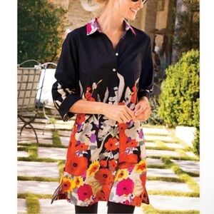 Soft Surroundings Floral Provence Tunic Button Down Blouse Beaded Petite PXS